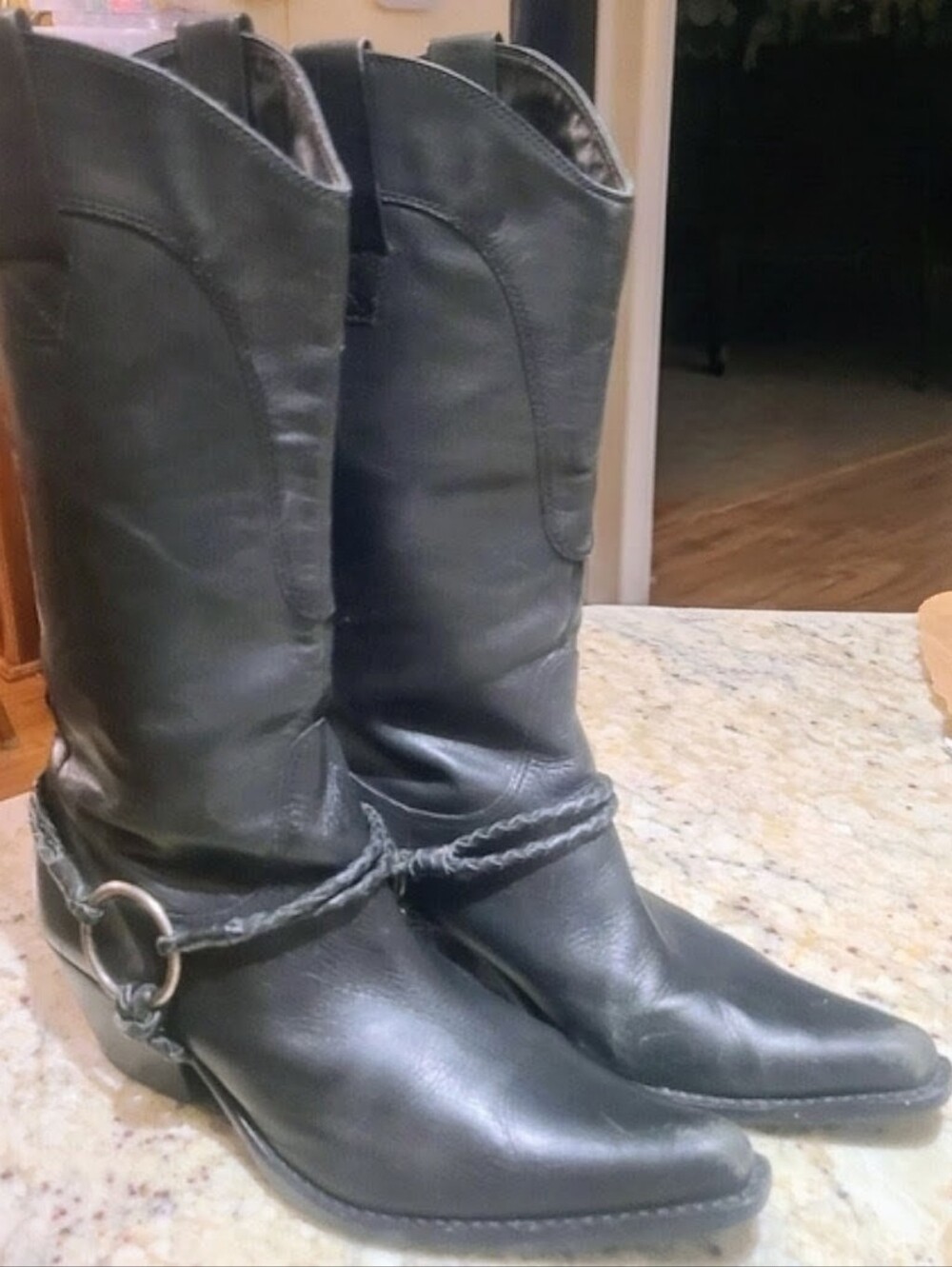 Lariat Black Leather Western Heeled Boots with Braided Harness